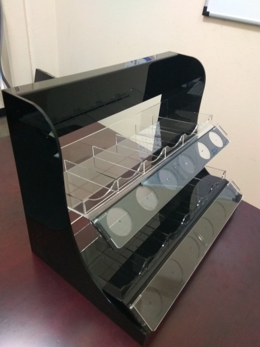 Modern Black Acrylic Eyeglasses Display Stand with Curved Header, Tech Product Showcase Rack